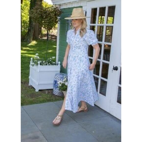 INDIA AMORY Julia SZ L White Blue Short Sleeve Shirt Dress Blue Print Flowy - Picture 3 of 8